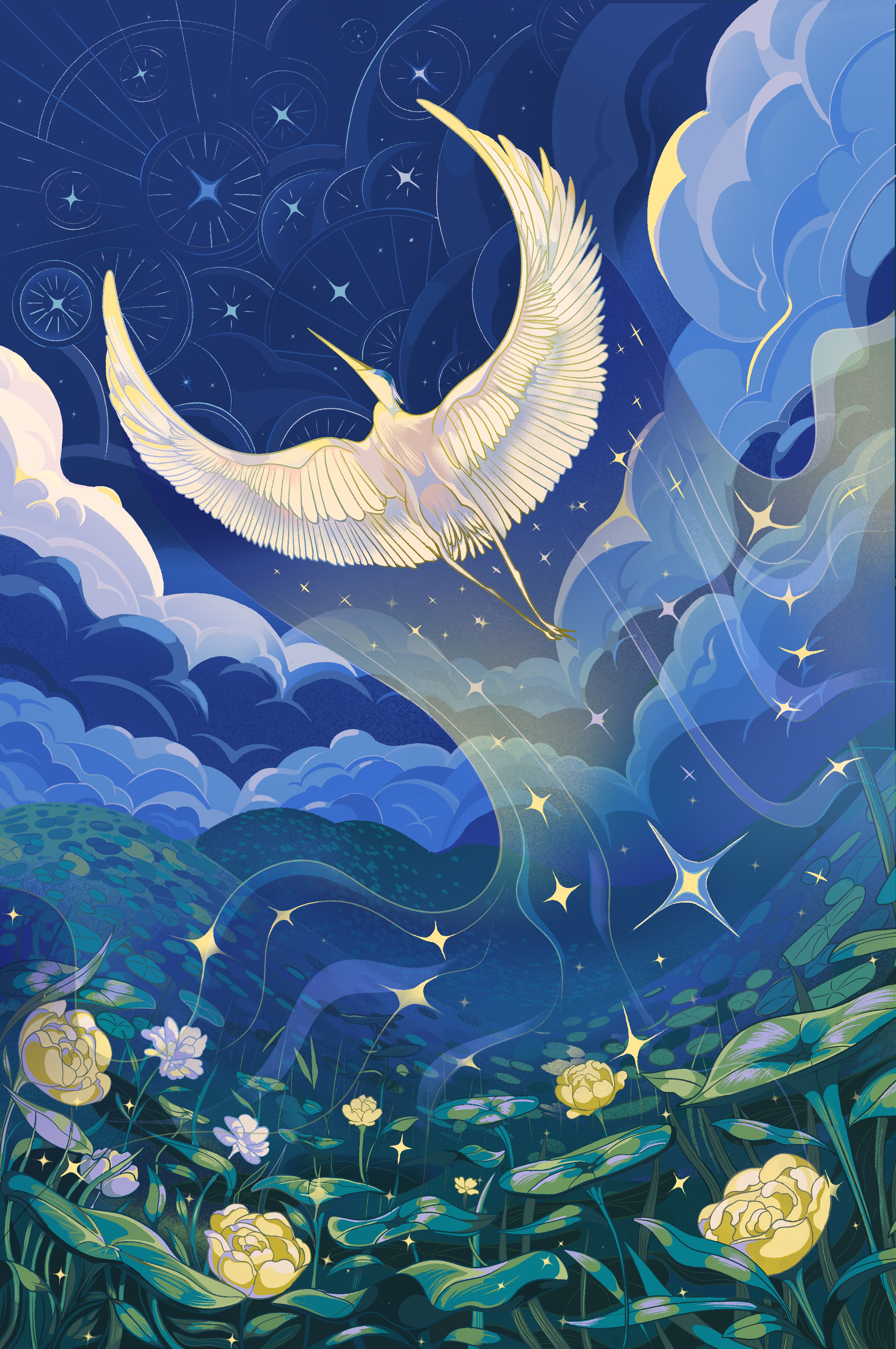 Night Rising — illustration for Clip Studio Paint Contest 48, Moon and Stars