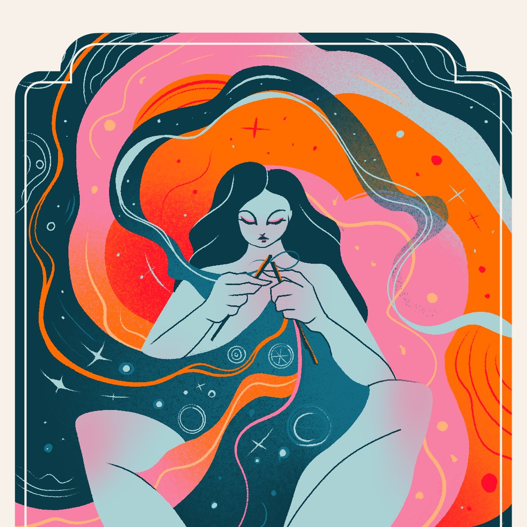 Illustration of The Weaver, a card from the Sacred Cycle Oracle deck
