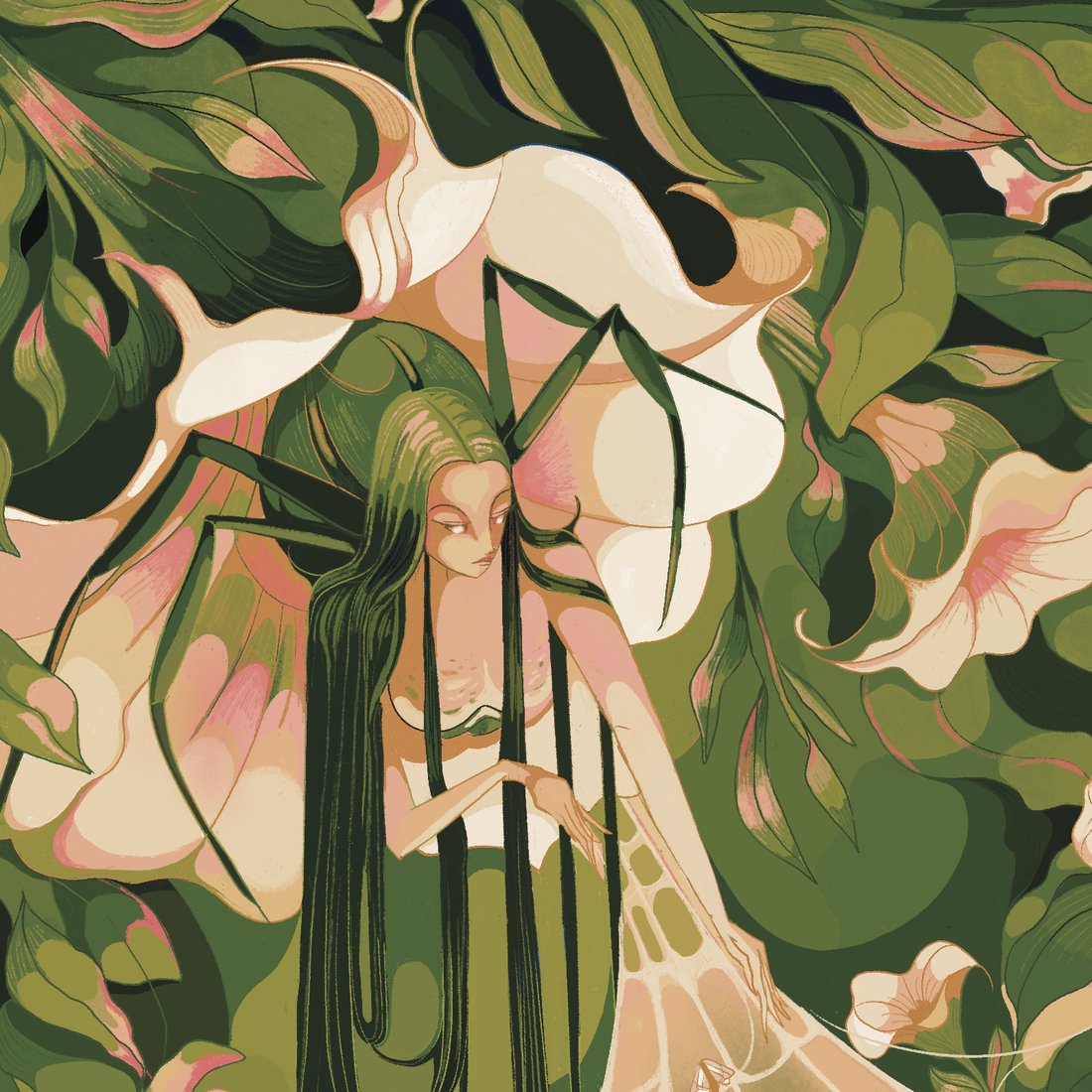 Illustration of a spider emerging from a flower amid foliage