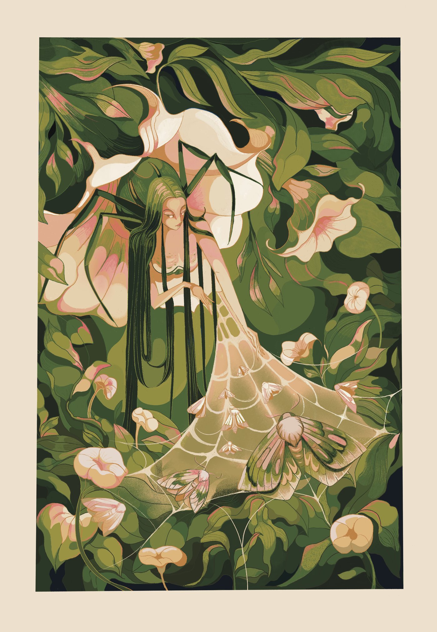 Illustration of a spider emerging from a flower amid foliage