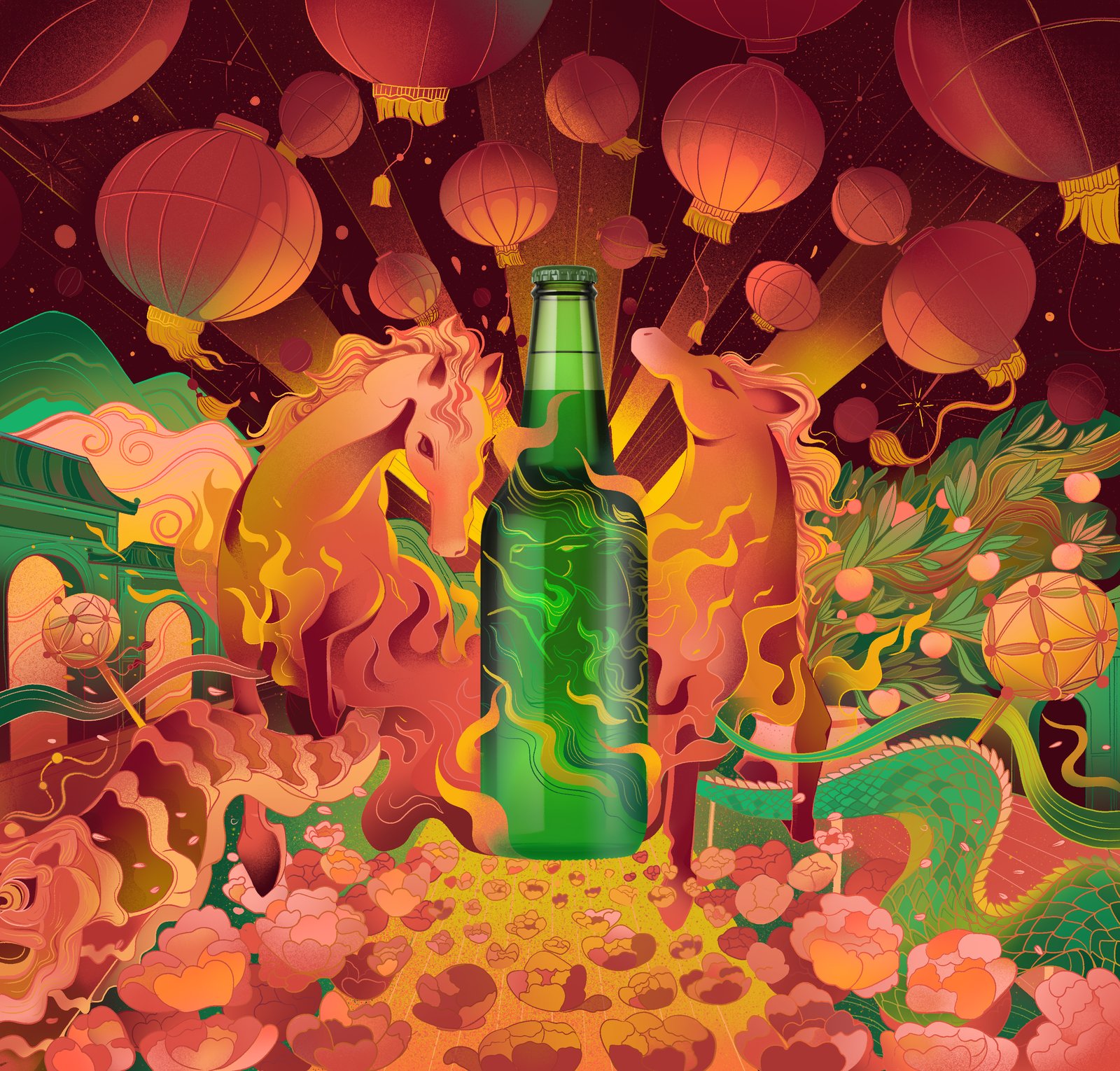 Illustration of two horses flanking a bottle, surrounded by lanterns and flowers